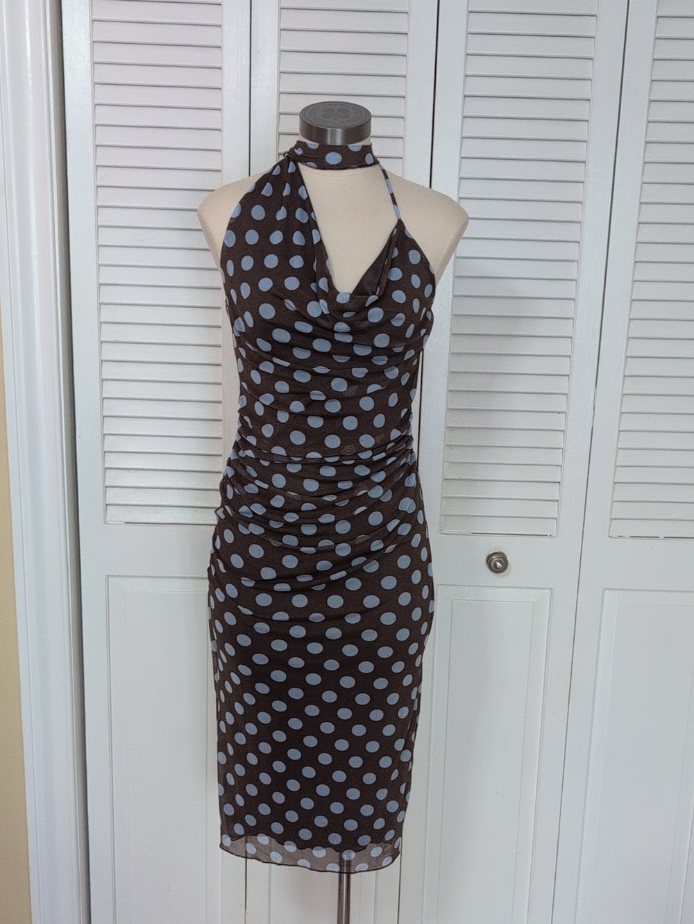 Saints 21, Brown Blue, Polka Dot Halter Midi Dress, Size S/M